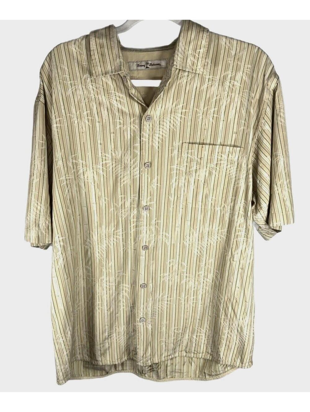 Tommy Bahama Silk Blend Hawaiian Shirt Striped Palm Beige Resort Coastal Vintage